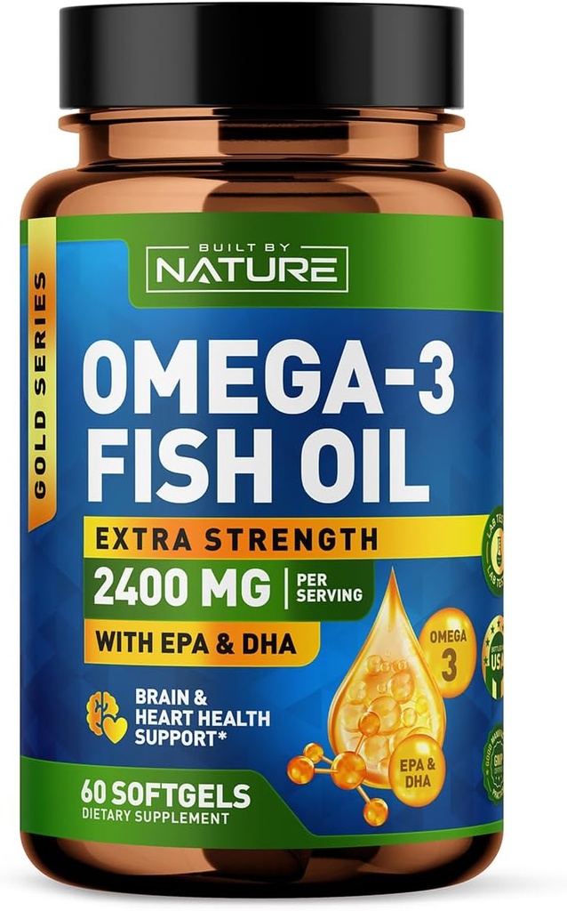 Fabricado por Nature Omega 3 Fish Oil Soft Gels - 2400 mg Fish Oil, 1440 mg Omega 3, 864 mg EPA, 576 mg DHA - Extra Strength Brain & Heart Health Support Suplemento - 60 Softgels