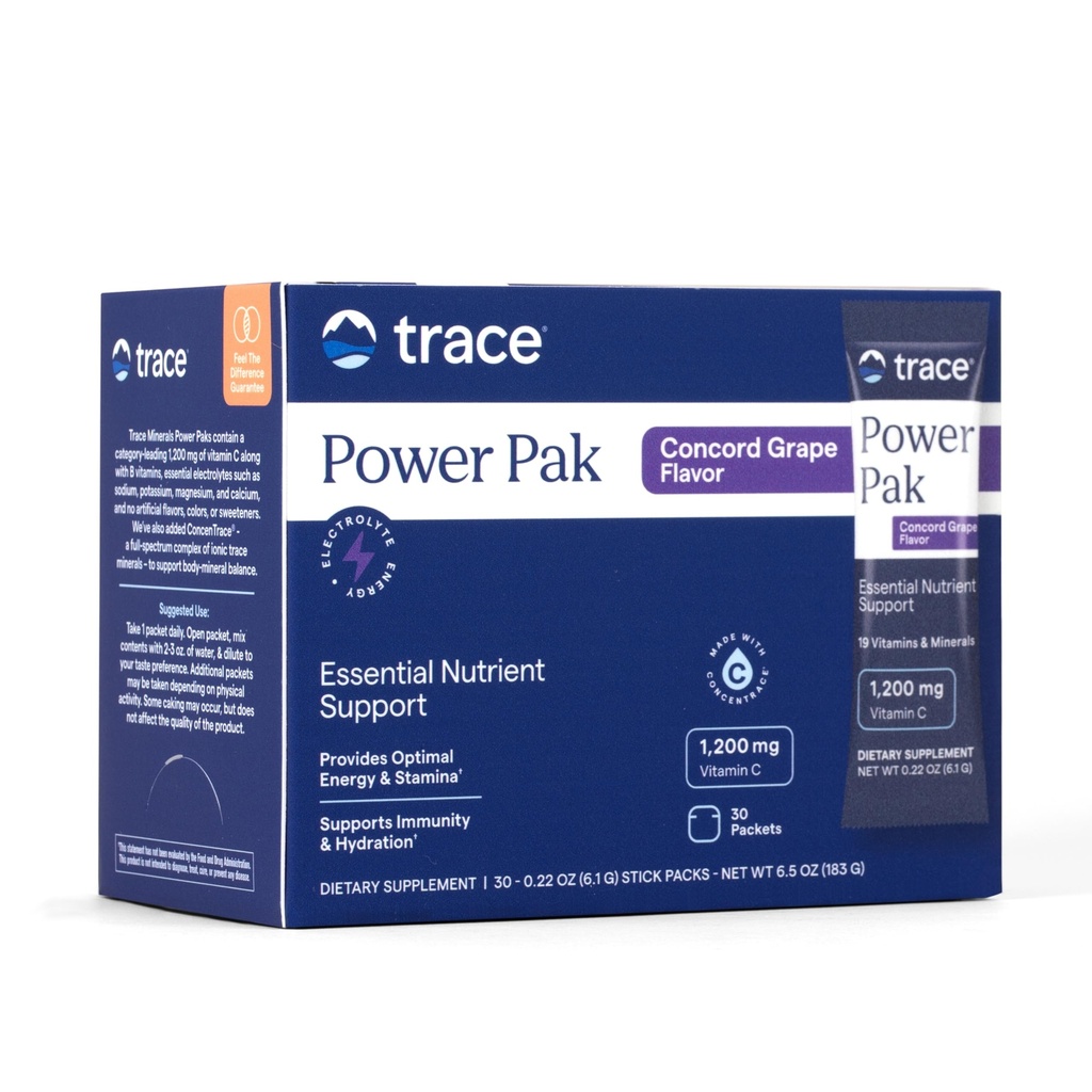 Trace Minerals Power Pak Multivitamin y paquetes multimineral - Electrolyte Support - 1200 mg Vitamina C Plus 70 Concord Grape Flavor - 30 Packets