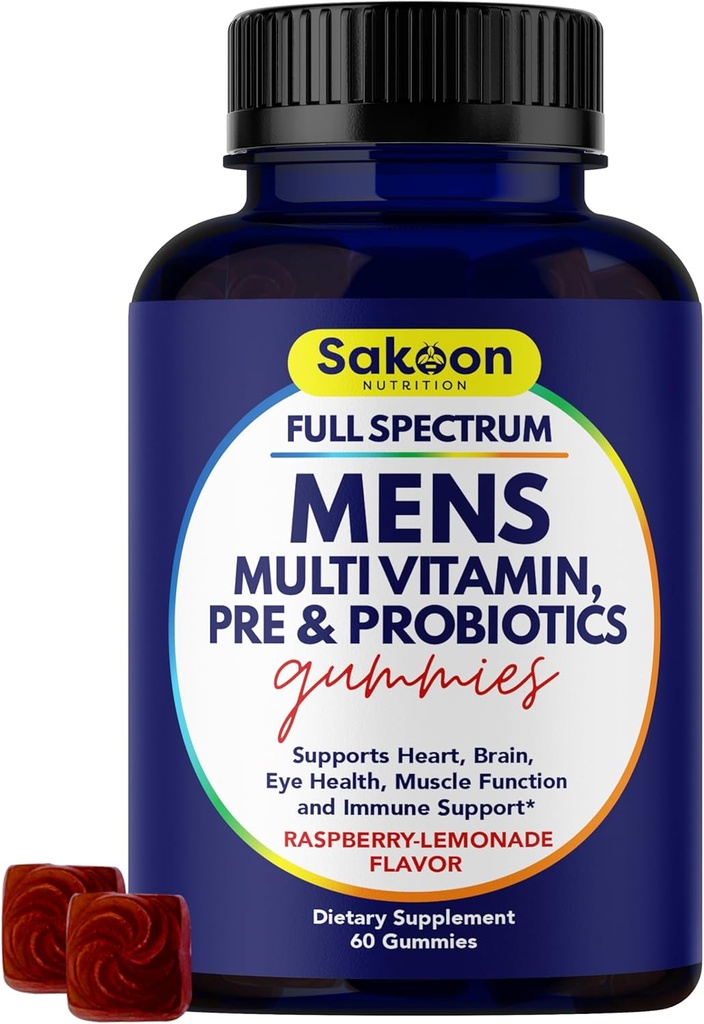 Nutrición de Sakoon Gummies multivitamínicos masculinos con Probióticos y Prebióticos, Adulto Multivitamínico A, C, D, E, B &amp; Más, Apoyo Immune, Energía, Salud, 60 Cuenta