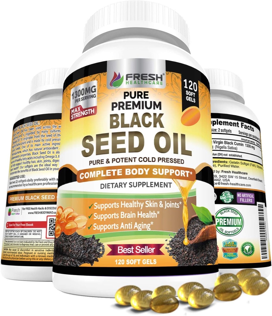 FRESH HEALTHCARE Black Seed Oil Capsules Cold Presionado 1300mg - 100% puro Nigella Sativa - Immune &amp; Soporte Conjunto - Premium Softgel Suplemento
