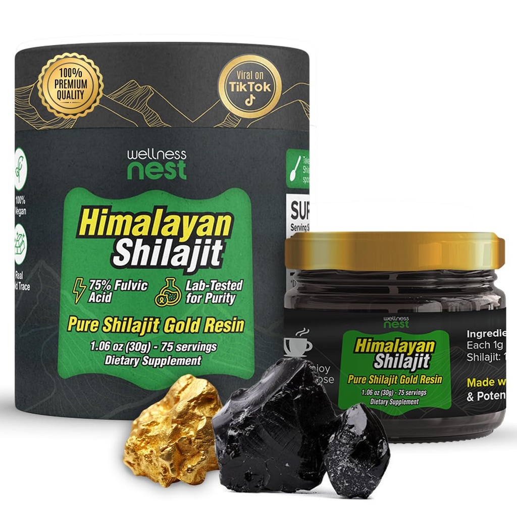 Wellness Nest Gold Grade Pure Himalayan Shilajit Resin: Ultimate Potency for Men &amp; Women - 24k Gold, 75%+ Fulvic Acid, Lab Test Report Included - 30g (1 Pack), 75 Servings