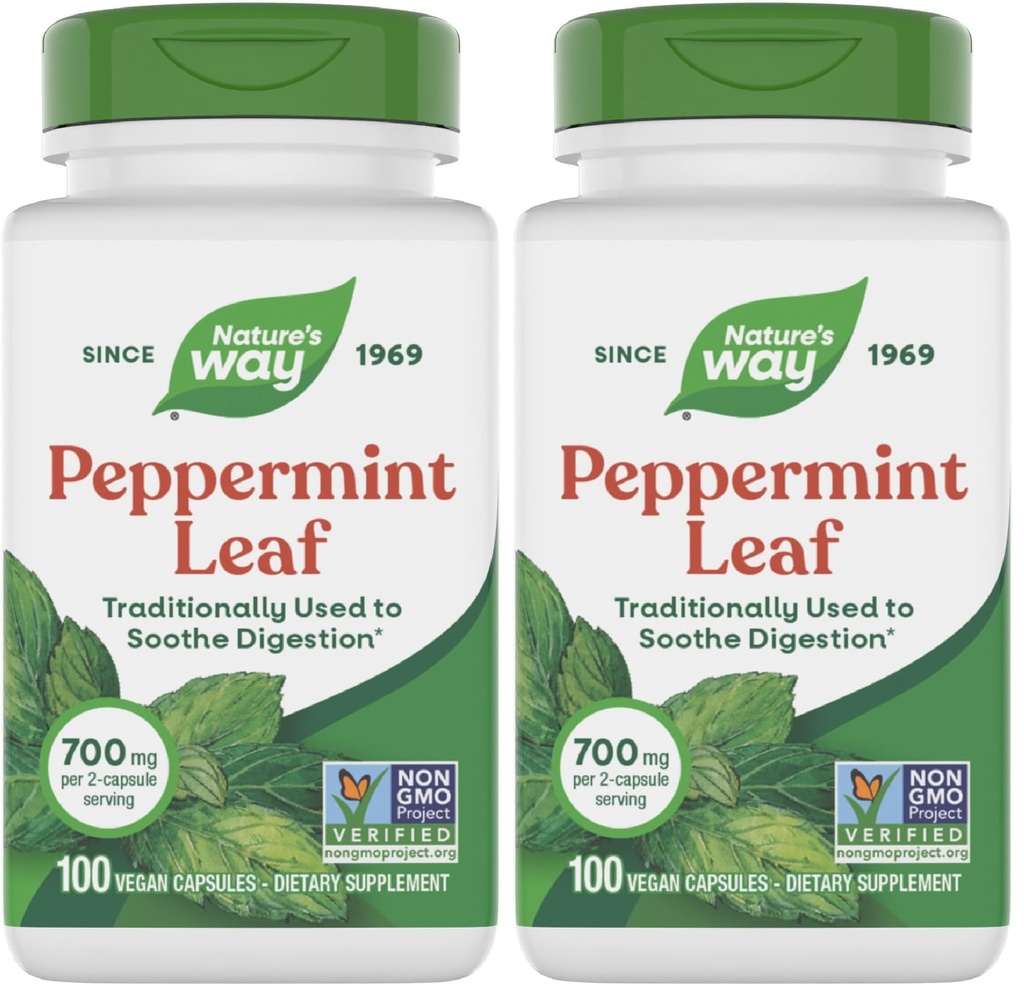 Nature's Way Peppermint Leaf, Traditionally Used to Soothe Digestion*, 700 mg per 2-Capsule Serving, Peppermint Supplement, Non-GMO Project Verified, 100 Vegan Capsules (Pack of 2)