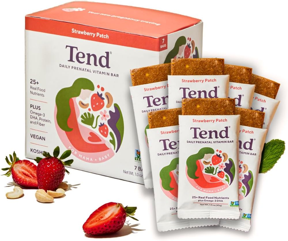 Tend Daily Best Prenatal Vitamin Bar, Made with Organic Ingredients for Pregnant & Postpartum Mothers, Incluye DHA, Vitamina D, B, Choline, Folate, Sunflower Lecithin - Strawberry Patch (7ct)