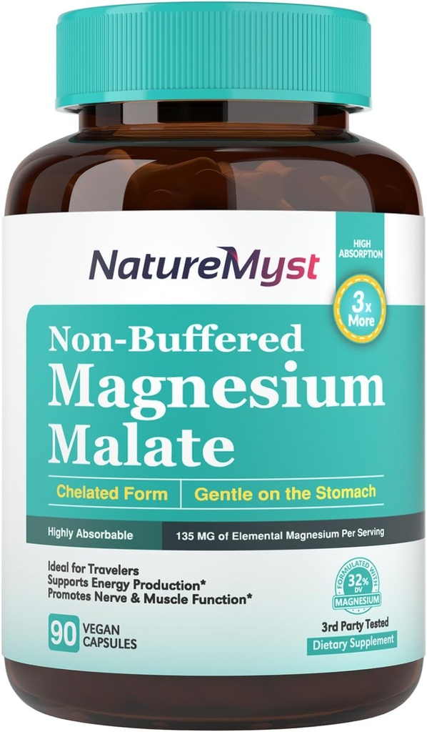 Magesium Malate, Forma Chelated, Altamente Absorbable, No-Buffered, Gentle on Stomach, para Adultos &amp; Niños, Dosis Flexible, Producción Energética, Función del músculo Nerve &, 90 cápsulas Vegan