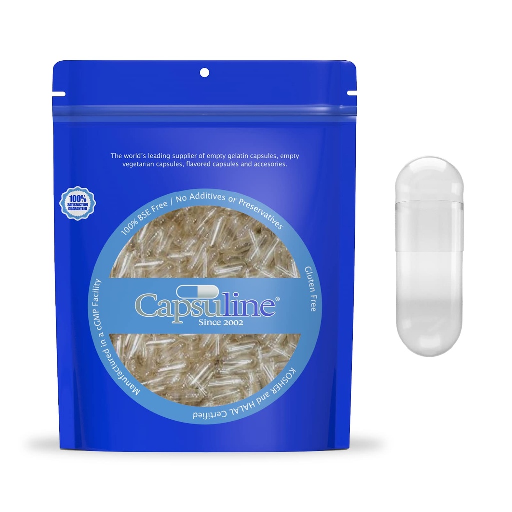 Capsuline Size 0 Empty Gelatin Capsules, Clear - 500 Count | Gluten Free, Kosher, Non-GMO Certified | Pure Bovine Pill Caps for DIY Supplement Filling
