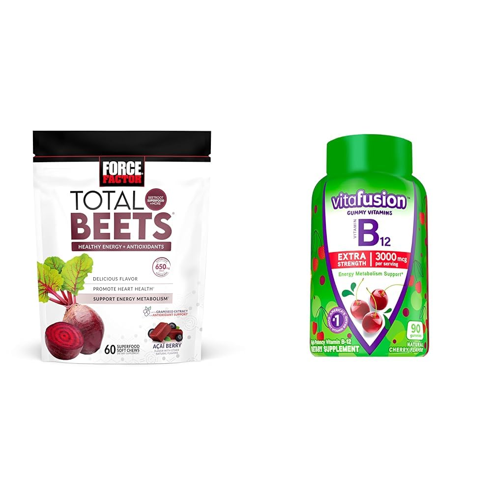 Factor de fuerza Total Beets Chews with Beetroot & Grapeseed Extract Plus Vitafusion B12 Gummies, 90 Conde Cherry Flavor