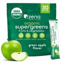 Zena Nutrition Organic Super Greens Powder, 70+ Superfoods, 0 Sugar, 3G Fiber, Spirulina, Clorella, Antioxidantes, Prebióticos/Probióticos, Enzymes Digestivos, Manzana Verde, 30 Bebidas Mix Packets