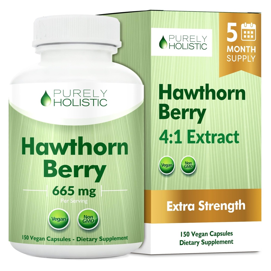 Puramente Holistic Hawthorn Berry - 150 cápsulas Vegan - 5 meses de suministro - High Strength 4:1 Extracto - Suplemento No GMO Hawthorne - Apoyos Cardiovascular &amp; Salud Digestiva