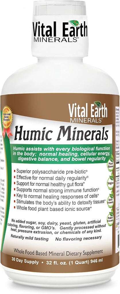 Minerales Vitales Humic Minerals – Suplemento Ácido Fulvico con 70+ Minerales Trace, Electrolitos para la Recuperación & Balance, 32 Oz + 1 Copa Oz