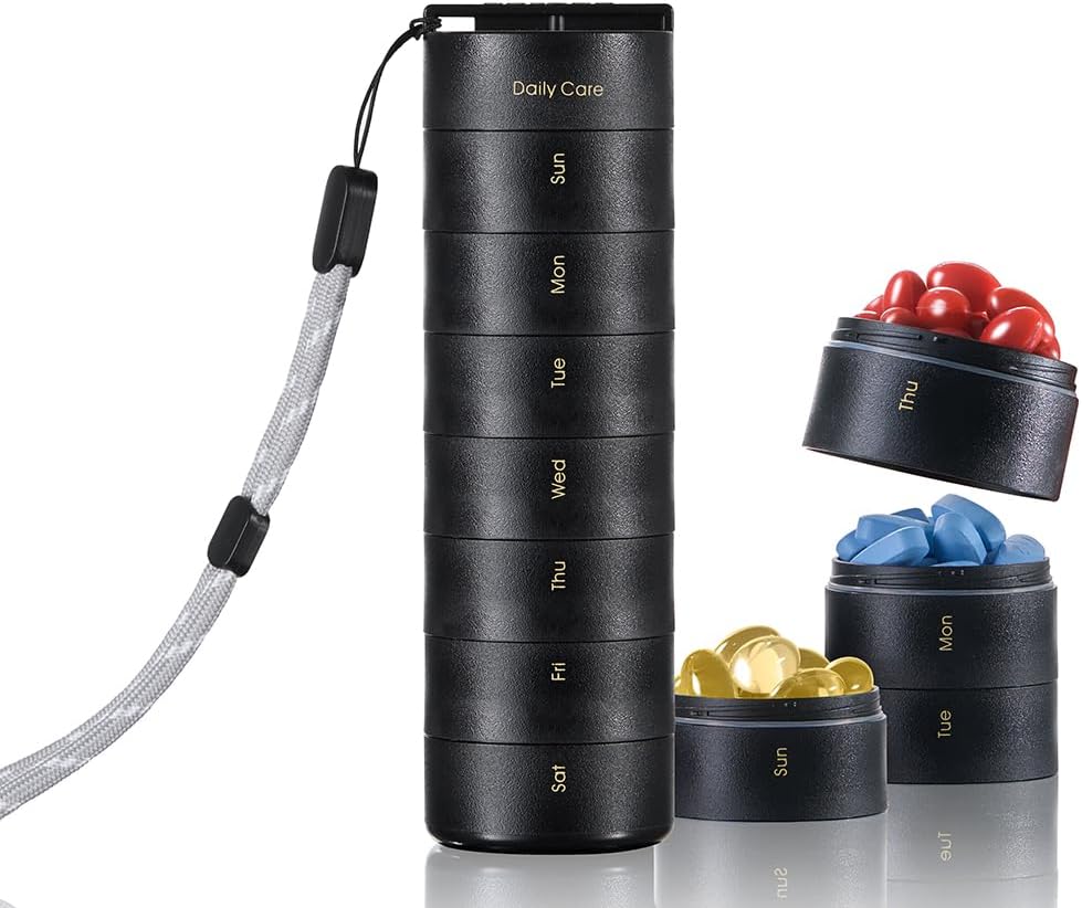 Ankomn Organizador de vitaminas de viaje – Organizador diario apilable con tapa de pólvora segura, hermética " Ligera para el uso continuo. Material libre de BPA duradero, ideal para píldoras, suplementos " vitaminas (negro)