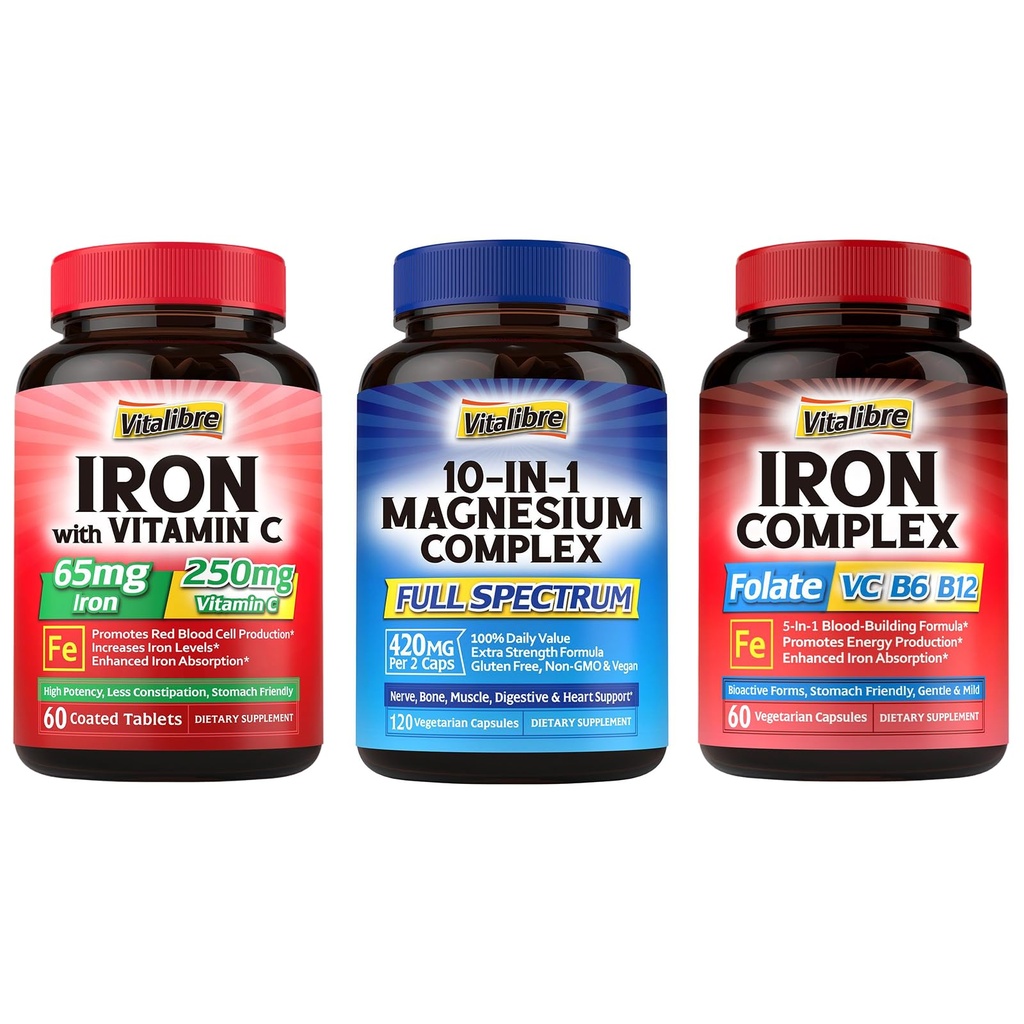 10 en 1 Complejo de Magnesio &amp; Suplemento de hierro, 65 mg de hierro de carbono con 250 mg de vitamina C & 5 en 1 Complejo de hierro