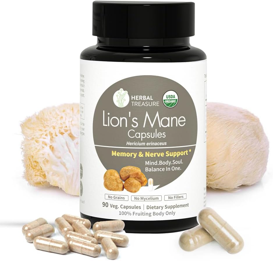 Herbal Treasure Lions Mane Supplement Capsules, Made with Organic Lions Mane Powder for Mental Clarity and Focus Supplements, 800mg Lions Mane Powder Organic Organic Mushroom Supplement 90 Caps