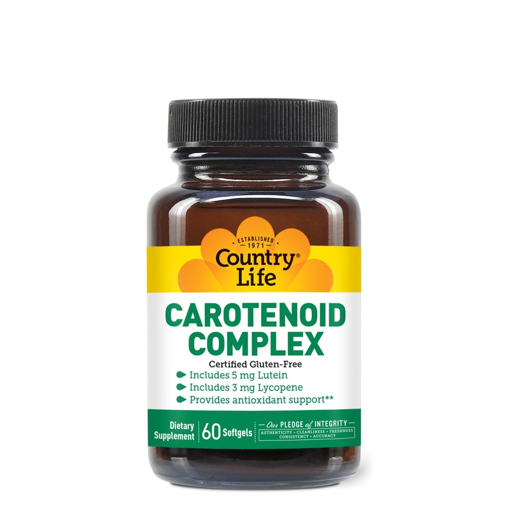 Complejo Carotenoide Country Life con Lutein, Lycopene y Astaxanthin, 60 Softgels, Antioxidante Support
