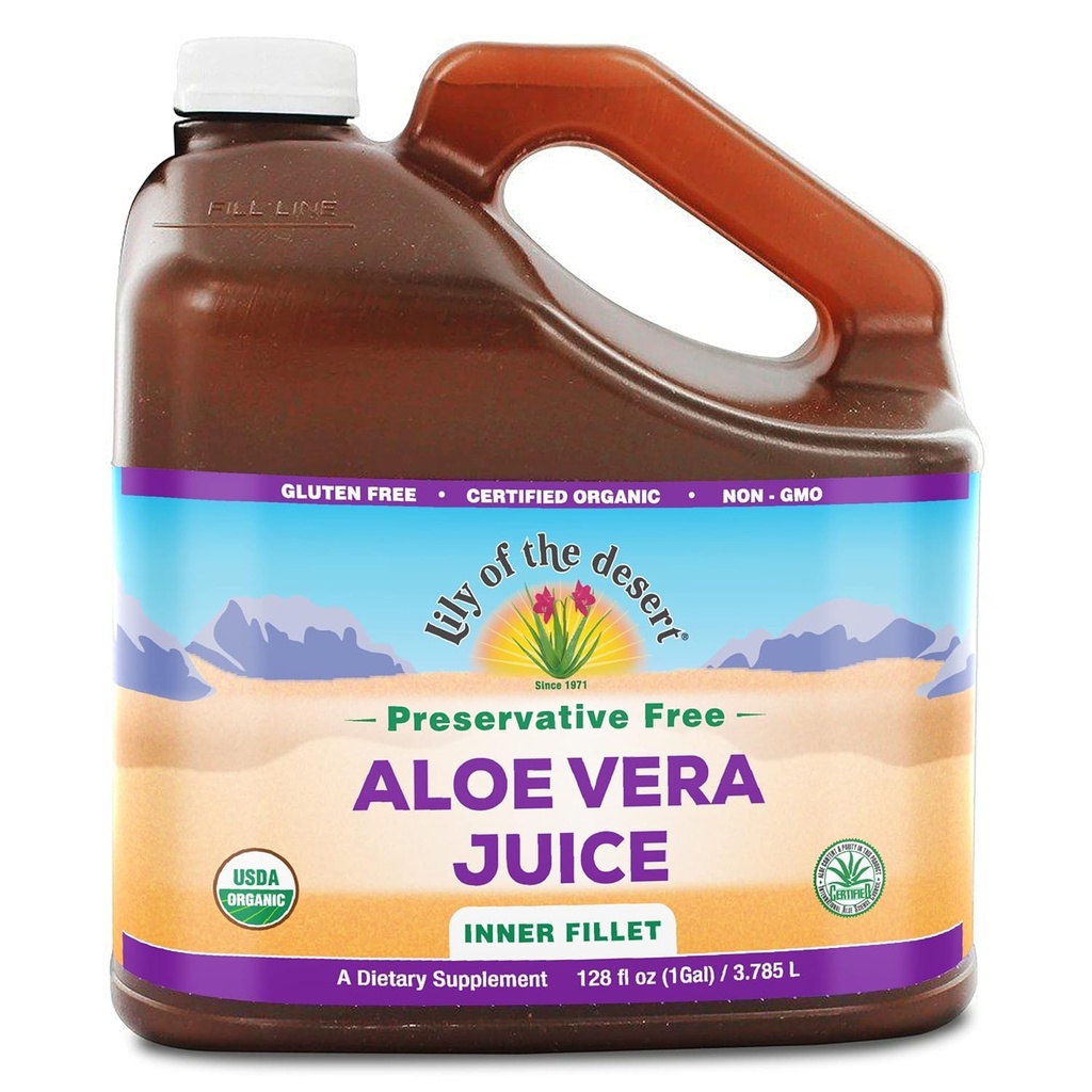 Lily of the Desert Aloe Vera Juice - Organic, Preservative-Free Inner Fillet Aloe Vera Bebida con Enzimas Digestivos Naturales para Gut Health, Stomach Relief, Wellness, Glowing Skin, 128 Fl Oz