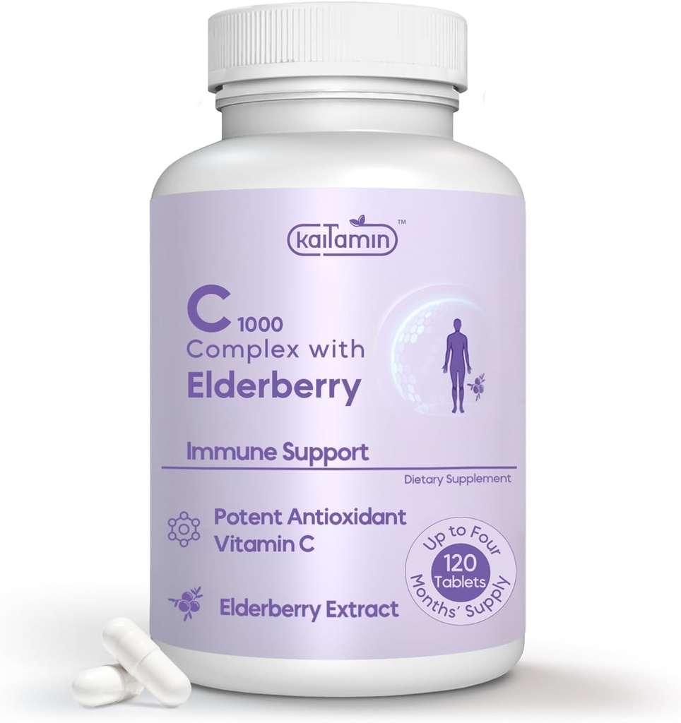 Vitamina C 1000mg con Rosa HIPS + Sambucus Elderberry - C1000 Suplemento dietético Complejo para Apoyo Inmunitario &amp; Apoyo Antioxidante - 120 Tablas para 120 Días (120 Cuenta (Pack of 1))
