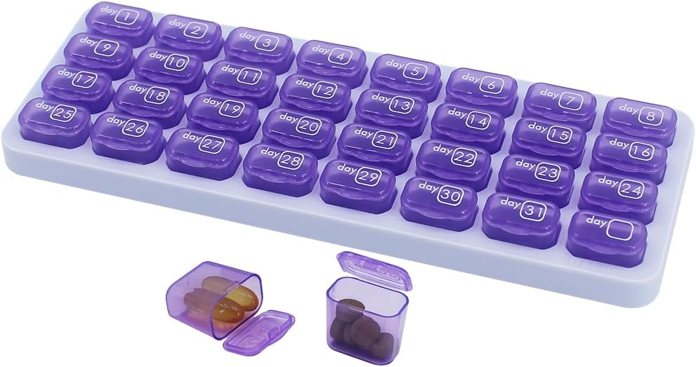 Organizador mensual de píldoras, caja grande de carga de viaje 31 días, caja de píldoras diarias, contenedor de píldoras para la vitamina, medicina, suplemento, aceite de pescado, púrpura