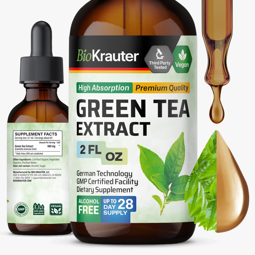 BIO KRAUTER® Green Tea Extract - Liquid Pure Vegan Green Tea Supplement 680 mg per Serving 2 Fl.Oz 28-Day Supply - Natural Antioxidant & Immune Support, Used for Daily Wellness - Alcohol & Sugar Free