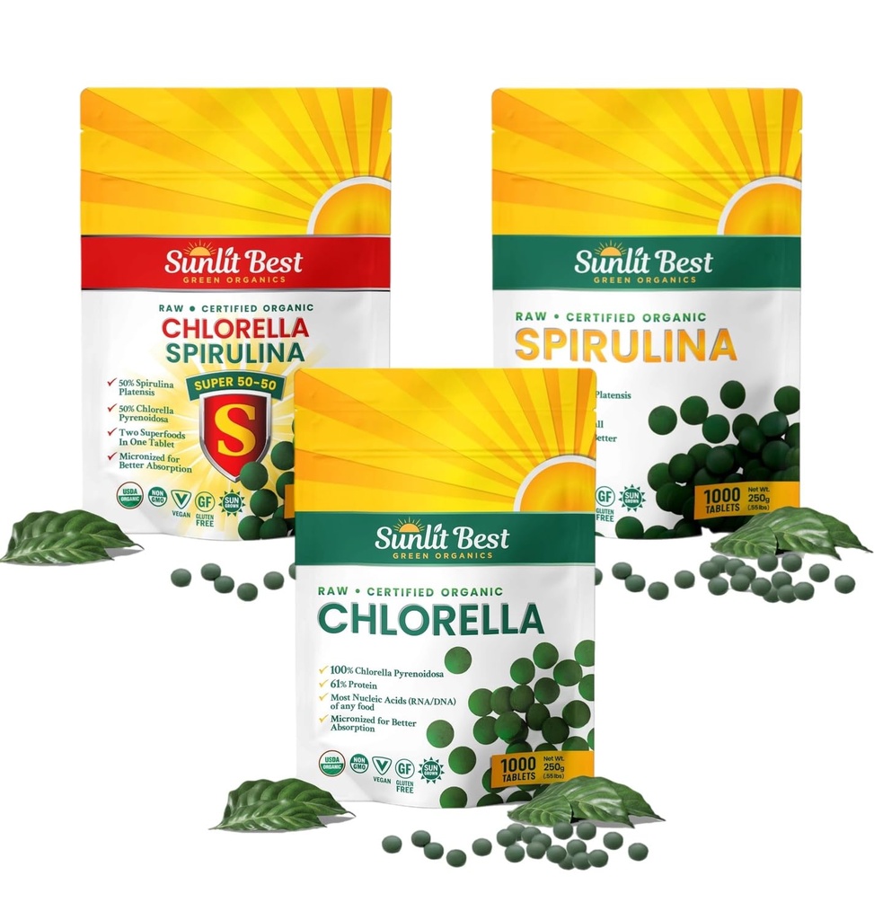 Sunlit Best Ultimate Chlorella & Spirulina Bundle ← Super Greens Suplementos para Immune Support, Gut Health, Mood & Energy