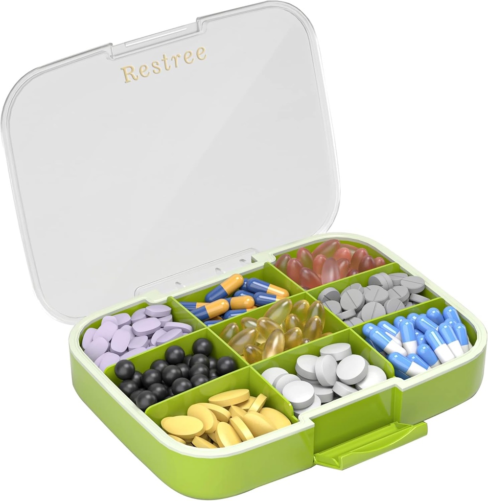 Restree Grande Organizador de Píldoras, Moisture Proof &amp; Waterproof Travel Pill Case, Caja de Medicación Portátil con Dividentes Ajustables para Vitaminas Suplementos Aceite de Pesca y Píldoras diarias 9 Compartimientos (Green)