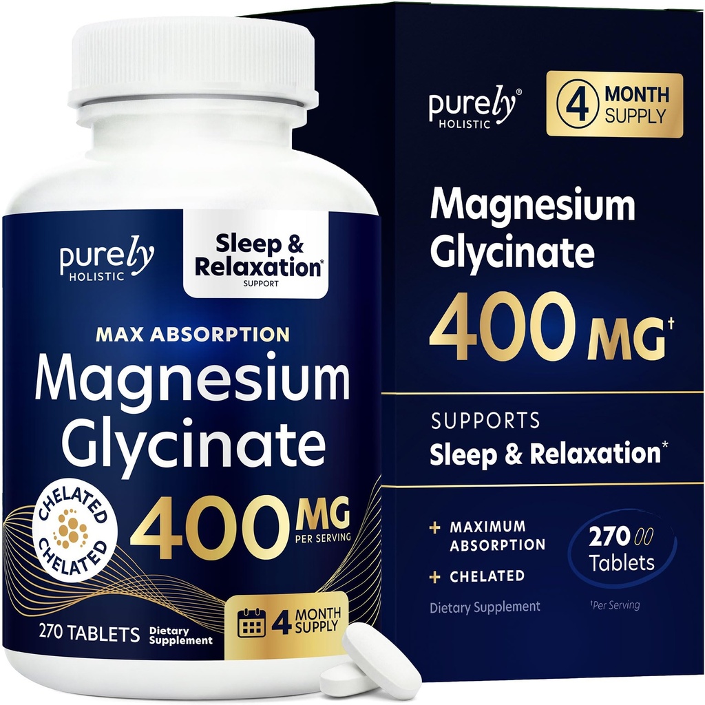 Magnesio Glycinate 400mg - 270 Tabletas de Magnesio (no capsules) - 400 mg Magnesio Elemental - Altamente Biodisponible - Vegan y Vegetariano - para el sueño mejorado, alivio de estrés &amp; Defensa del cáñamo