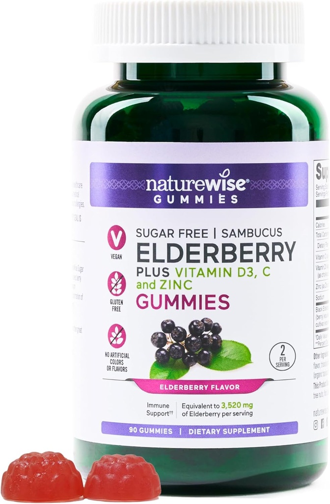 NatureWise Sambucus Elderberry Gummies - Sugar-Free - Daily Immune Support Supplement for Kids and Adults*, with Vitamin C, D3, Zinc - Vegan, Gluten Free, Non-GMO - 90 Count[45-Day Supply]