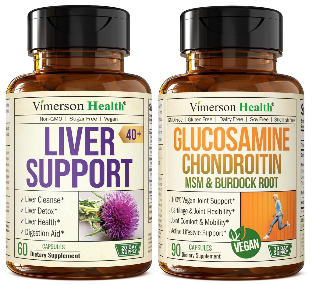 Vimerson Health Liver Cleanse Detox & Repair Milk Thistle Supplement & Vegan Glucosamine Chondroitin MSM Joint Support Supplement