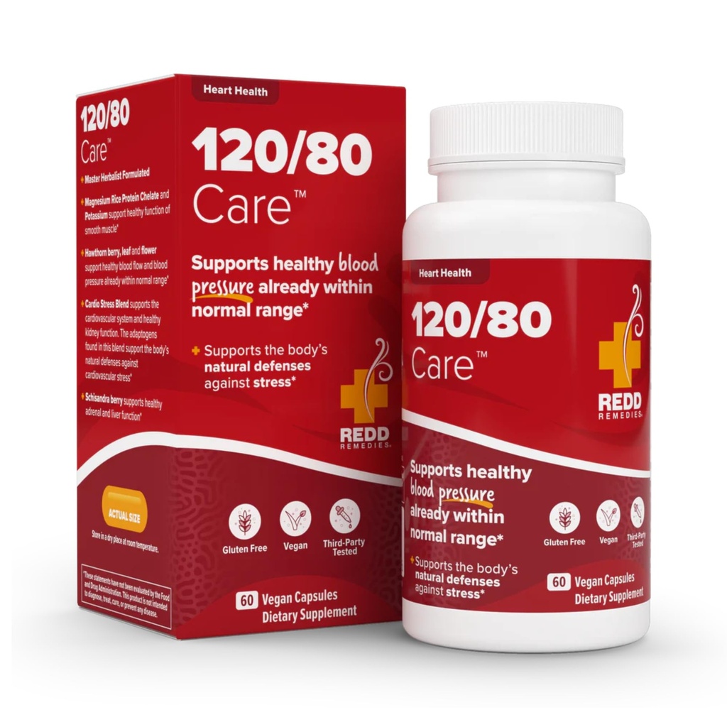 Remedios rojos, 120/80 Cuidado, Salud cardíaca y Presión Natural de la Sangre, 60 cápsulas veganos