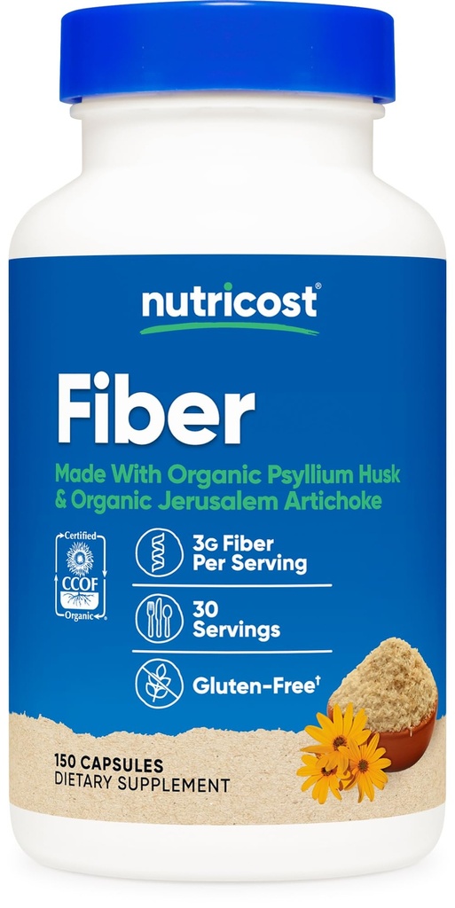 Nutricost Fiber Capsules con Prebiótico Fiber Suplemento 150 Cápsulas - CCOF Suplemento certificado, Hecho con Psilio Orgánico Husk & Organic Jerusalem Artichoke, Gluten Free, 3 G Por Serving