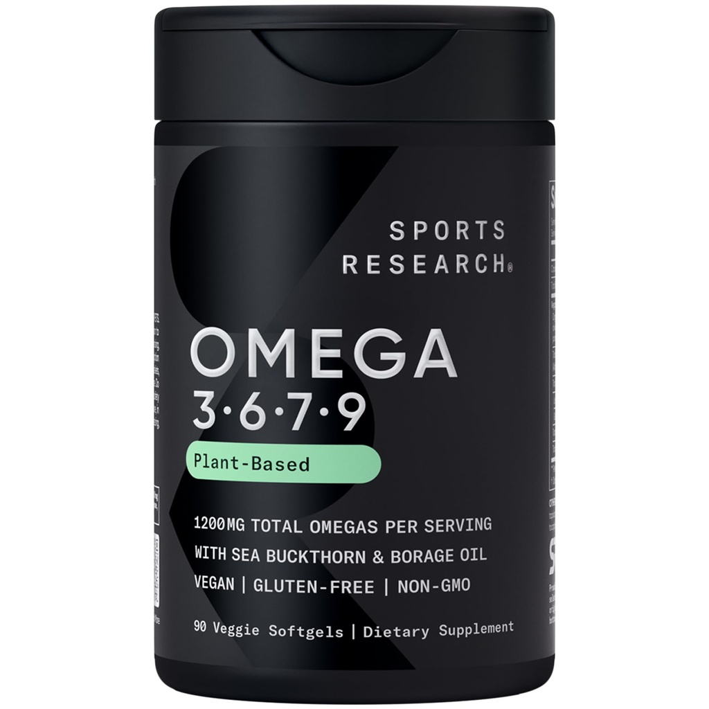 Sports Research® Vegan Omega 3-6-7-9 - 1200 mg of Multi-Spectrum Omega Fatty Acids Certified Non-GMO Formula with Sea Buckthorn & Borage Oil - 90 Veggie Softgels