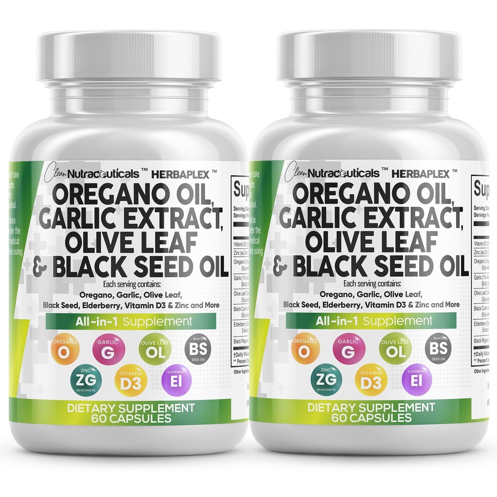 Nutracéuticos limpios Oregano Aceite de ajo Extracto Aceite de aceite de oliva - Soporte inmunitario &amp; Suplemento de salud digestiva para mujeres y hombres con vitamina D3 &amp; Zinc - 2Pack