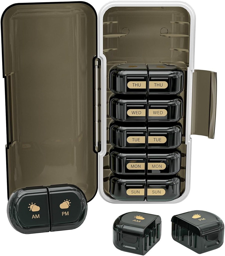 Organizador semanal de píldoras 2 veces al día, Moisture-Proof, Compartimientos desmontables, AM PM Pill Box 2X 7 Día, Organizador de píldoras/Fish Oil/Medication/Vitamin/Supplements (Black)