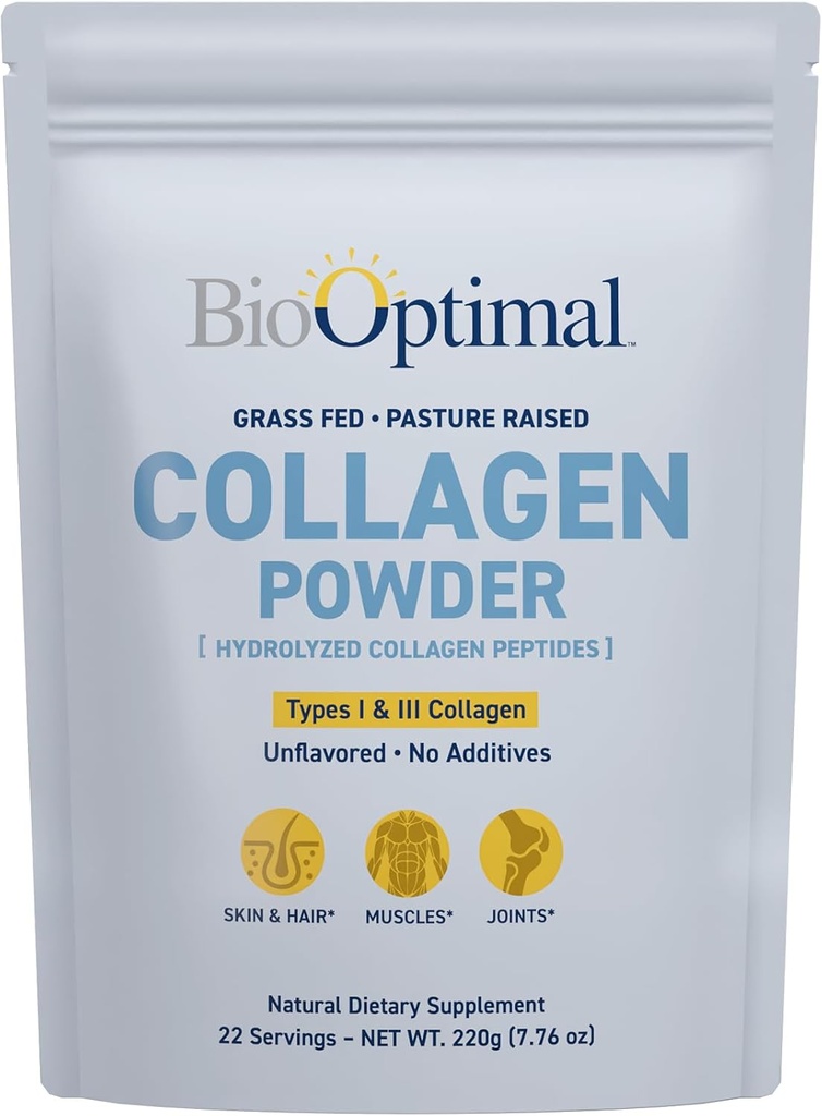 BioOptimal Collagen Peptides Powder - Grass-Fed, Pasture-Raised Hydrolyzed Protein Supplement for Skin, Hair, & Nails - Non-GMO, Zero Sugar Daily Supplement for Men & Women (22 Servings)