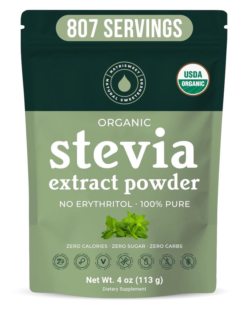 Organic Stevia Powder, 100% Pure Stevia Sweetener Powder, 4 oz, Low Glycemic Sugar Alternative, Powdered Sweetener for Baking and Beverages, 800+ Servings (113 g)