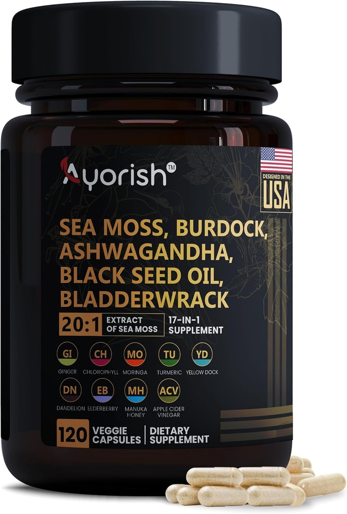 Sea Moss Capsule 30:1 High Strength 6000mg Equivalent Por Servings, Black Seed Oil Ashwagandha Ginger Capsules, Turmeric, Moringa, Bladderwrack, Burdock Root, Manuka Honey, Cinnamon 120 Conde