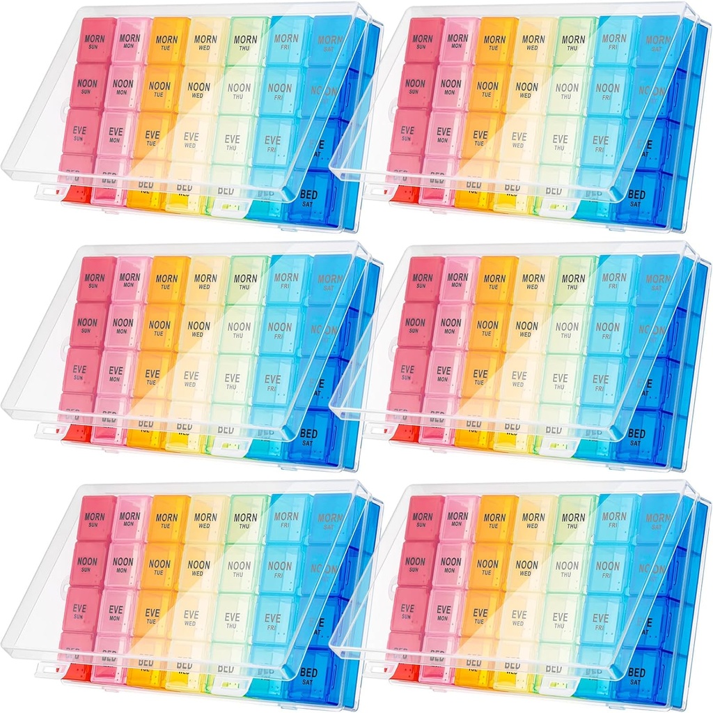 Hsei 6 Pack Organizador semanal de píldoras Caja 4 veces al día 7 Día Caja de píldoras impermeables Big Caja de medicamentos Viaje Contenedor diario para vitaminas Suplementos de aceite de pescado