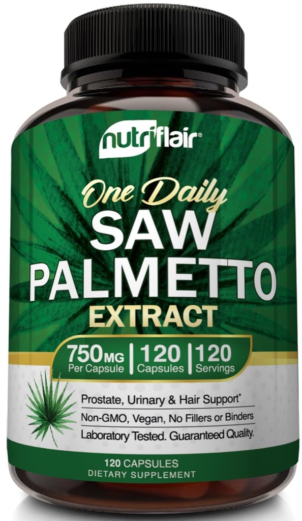 NutriFlair Saw Palmetto Extract 750mg, 120 Capsules - Natural Prostate Supplement & Berry Health Support - Helps Block DHT to Prevent Hair Loss and Helps Reduce Frequent Urination, for Women and Men