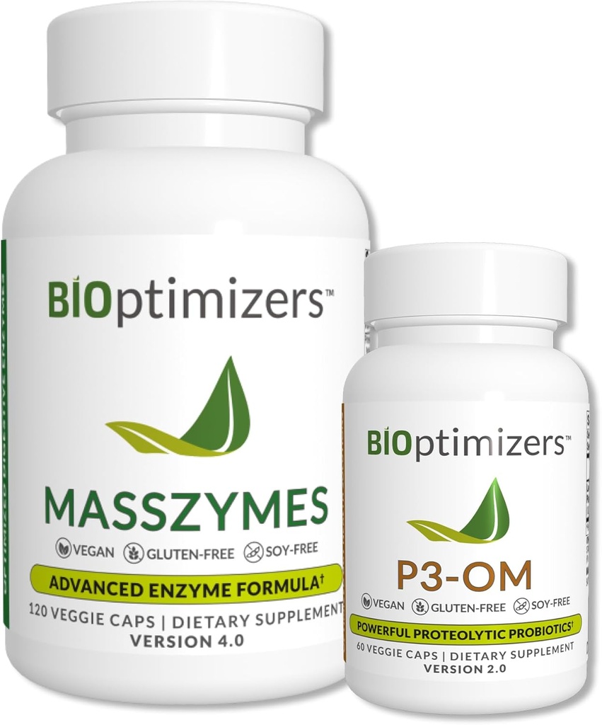BiOptimizers - P3-OM and MassZymes Bundle - Premium Digestive Enzymes and Probiotics for Women and Men - Doctor-Formulated (120 MassZymes Capsules, 60 P3-OM Capsules)