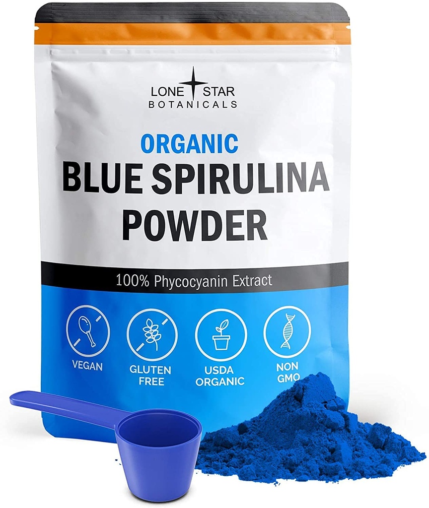 Botánicos de Estrella Solitaria Orgánica Blue Spirulina Powder - 100% Pura Alga Azul-Green, No Fishy Smell, Vegan Superfood for Smoothies & Drinks, Non GMO, Gluten-Free, Vegan
