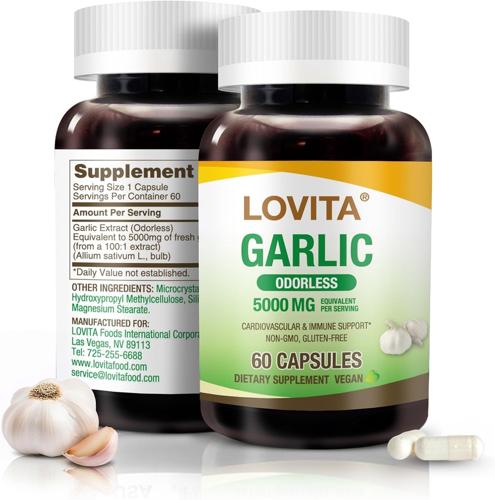 Lovita Odorless Garlic Capsules, 5000mg Fresh Garlic Equivalent, 1.25% Allicin Extract, Supports Heart, Blood Pressure, Cholesterol & Immune System, Non-GMO, Gluten-Free, 60 Vegan Capsules
