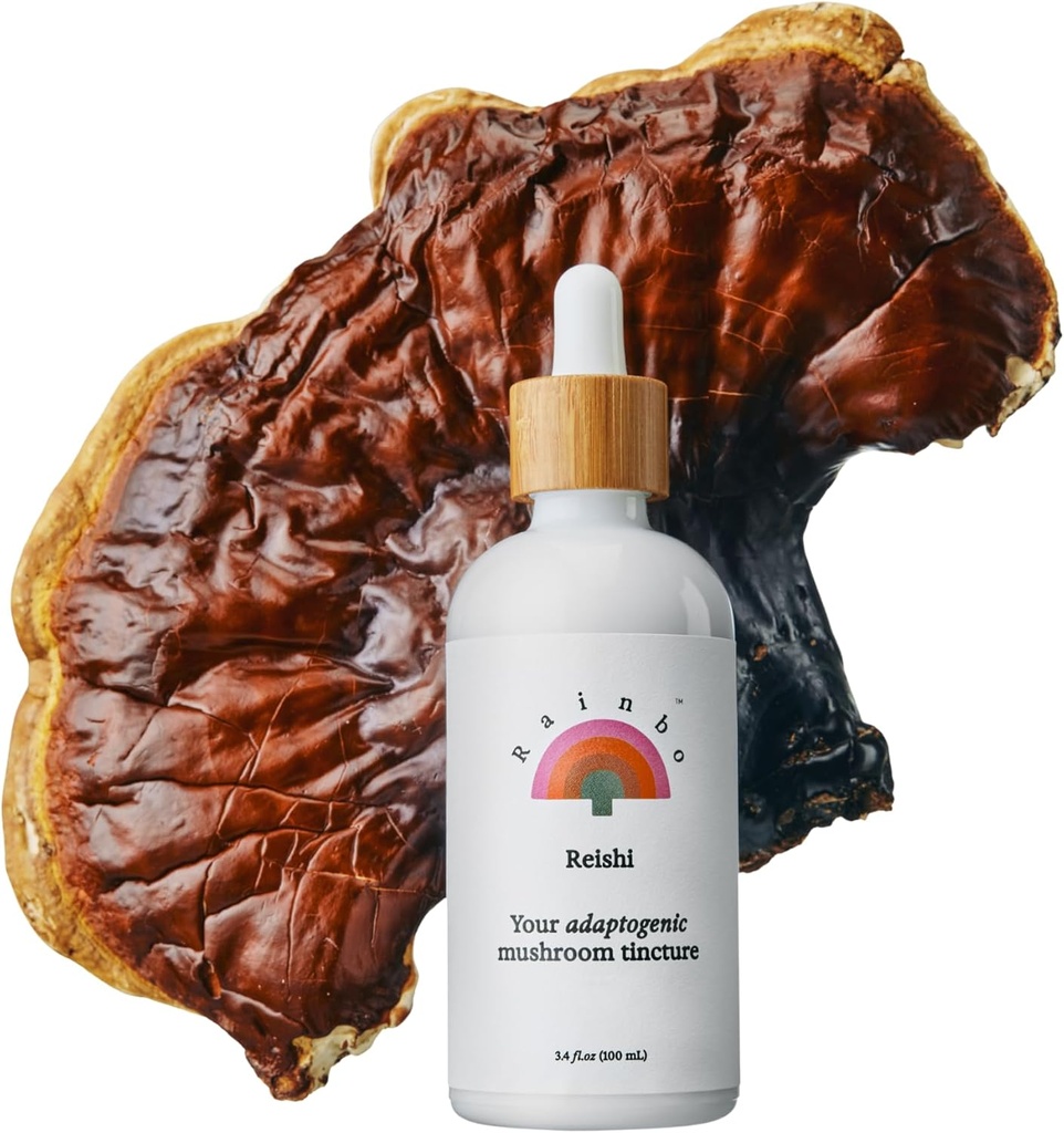 Rainbo - Reishi Mushroom Tintura - Suplemento de doble extracto de setas - Soporte inmunitario, Mood, Sleep, Liquid Reishi Suplemento, Vegan, No GMO, 3.4 fl oz