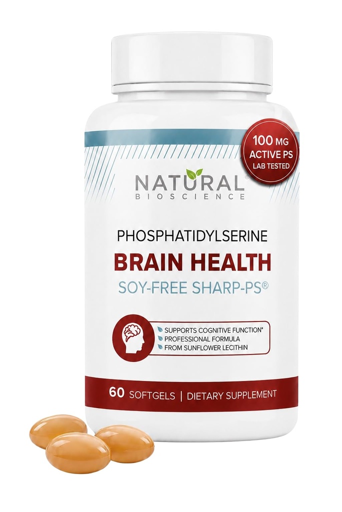 Soy Free Phosphatidylserine 100mg Softgel - PS Suplemento Boosts Memoria, Focus, Resolución de problemas, Control de cortisol. Natural Sunflower Lecithin, Patented Sharp PS-Green. Non-GMO, 60 Softgels