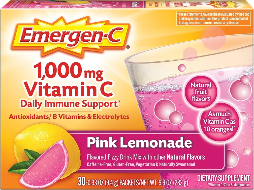 Emergen-C 1000mg Vitamina C Powder, con Antioxidantes, vitaminas B y electrolitos, Suplementos de inmunidad para soporte inmunológico, mezcla de bebidas con cárter libre de cafeína, sabor de limón rosa - 30 Cuenta (Pack of 12)