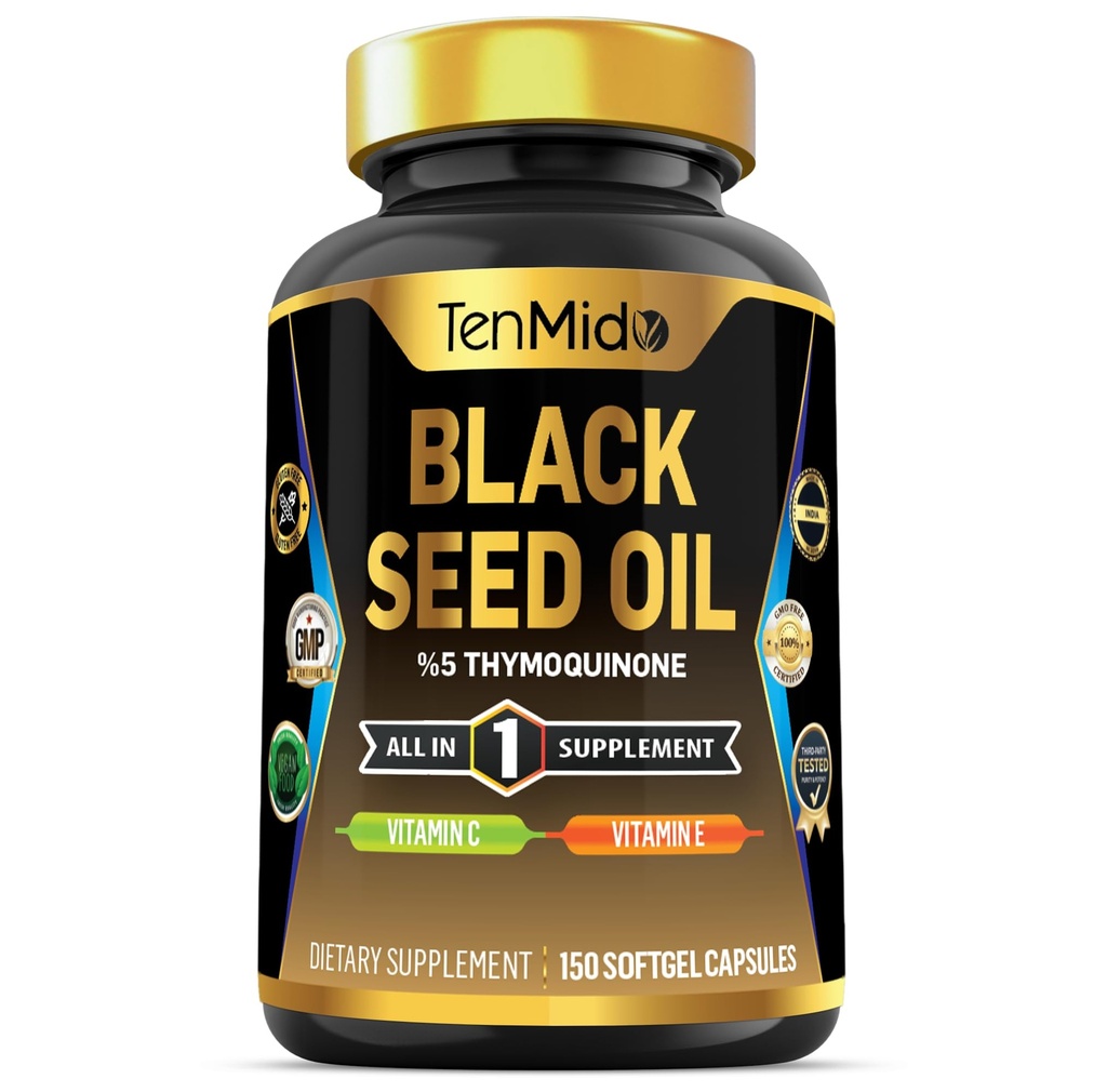 Black Seed Oil Capsules Suplemento - 4in1 Fórmula - Combina con Vitamina C, Vitamina E - Salud Digestiva, Apoyo Inmunitario - Rico en Nutrient - 150 cápsulas de Softgel