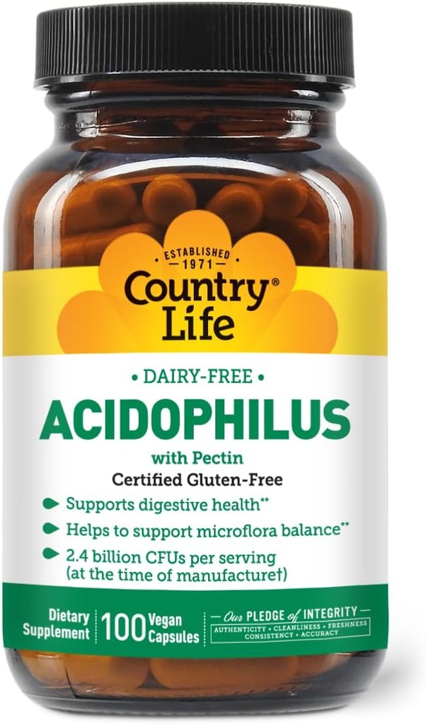 Country Life Acidophilus Probiotic Supplement for Women & Men - Free from Common Allergens - 2.4 Billion CFUs to Support Digestive Health - Dairy-Free, Non-GMO, 100 Vegan Capsules