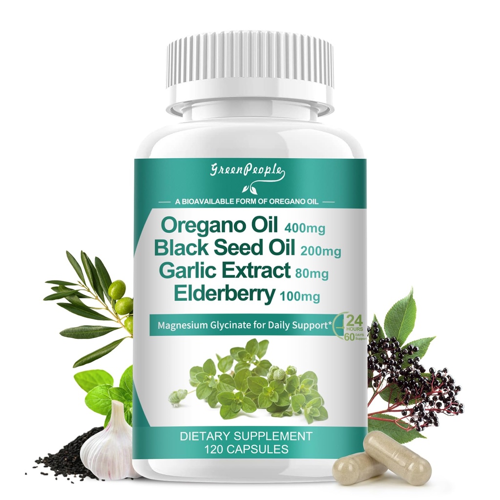 Cápsulas de aceite de orégano orgánico – 11-en-1 Blend con aceite de semilla negra, arándano, ajo, hoja de oliva – Magnesio " Pepper negro para la absorción – Inmuno, respiratorio " Digestivo – Vegano, No GMO, 120 Ct