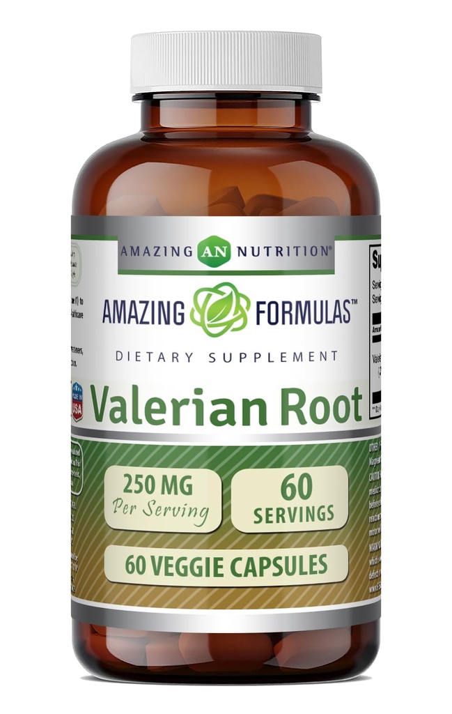 Amazing Formulas Valerian Root 4:1 Extracto Suplemento TEN 250 Mg TENIDO 1000 Mg Equivalente TEN 60 Veggie Capsules ← Non-GMO TEN Gluten Free TEN Made in USA