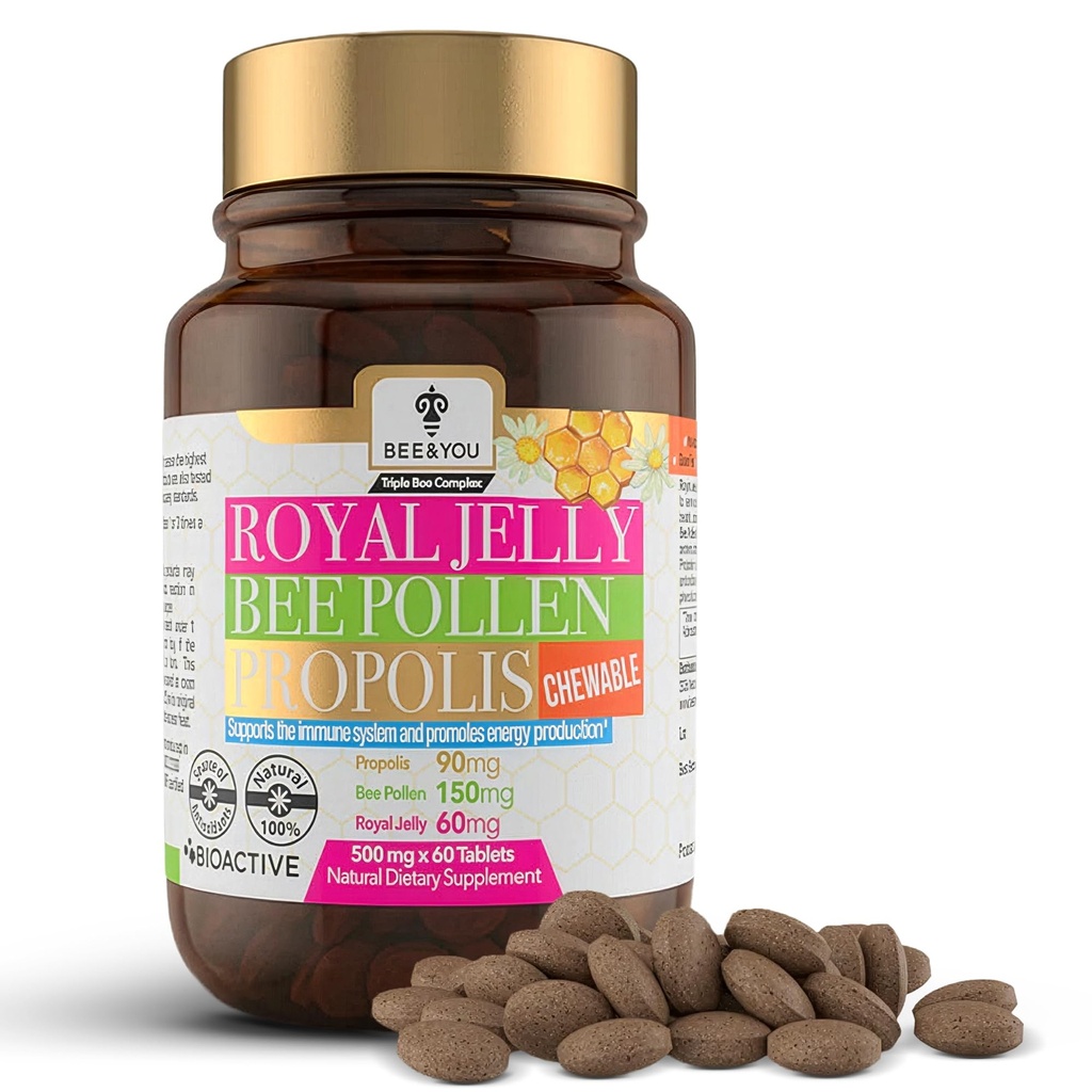 BEE y You Royal Jelly + Propolis + Bee Pollen Chewable Tablets - High Potency - No Artificial Flavor/Preservatives - No Añadido Sugar- No Soy/Milk/Gelatin/GMO/Gluten, 500 mg x 60 Tablets