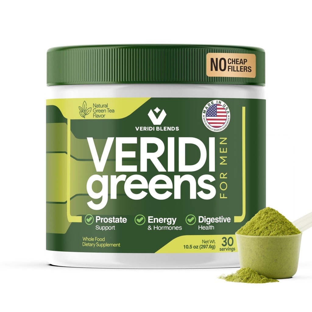 Veridi Greens for Men 40+ Silencio Daily Superfood Greens Polvo para la salud de próstata, hormonas &amp; energía Soporte  Premium USA Blend with Spirulina, Saw Palmetto, Zinc &amp; Enzymes