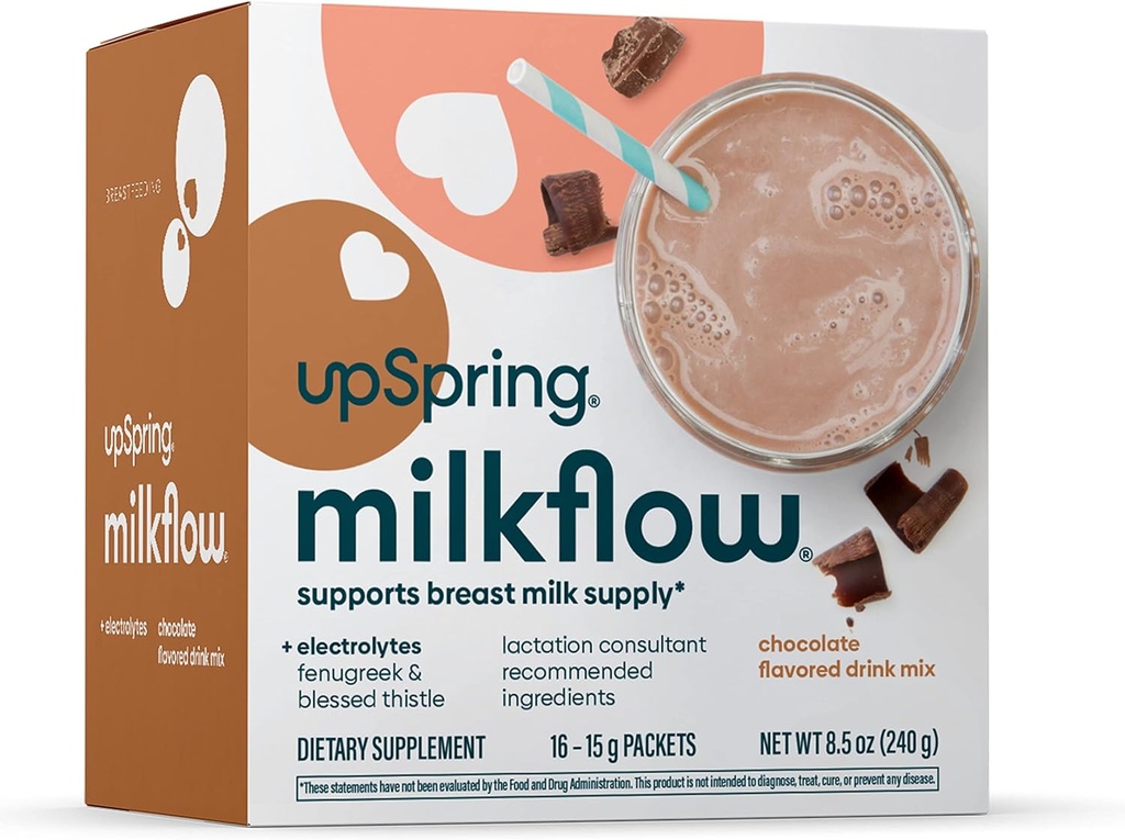 UpSpring Milkflow Electrolyte Breastfeeding Supplement Drink Mix with Fenugreek | Chocolate Flavor | Lactation Supplement to Promote Healthy Breast Milk Supply & Restore Electrolytes | 16 Drink Mixes