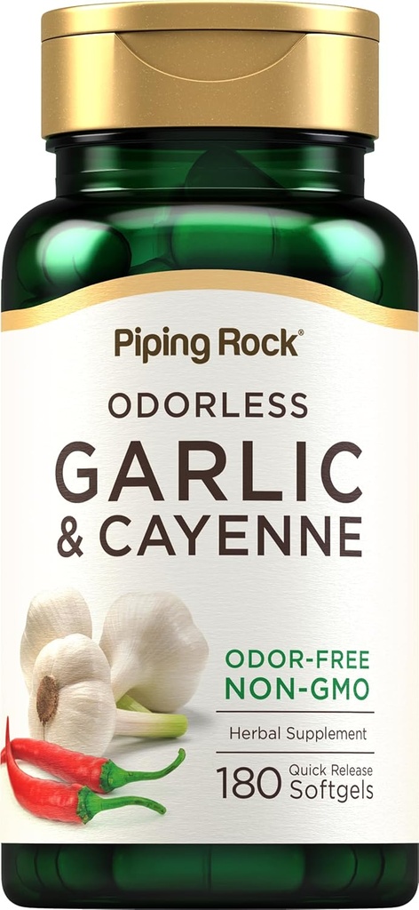 Piping Rock Odorless Ajo Softgels Silencio 180 Softgels Silencioso Suplemento con Cayenne Extract Silencio Allium Sativum ← Non-GMO, Gluten Free